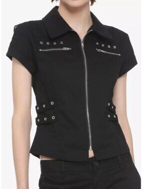 NWOT - Hot Topic Black Grommet & Zipper Lace-Up Moto Top